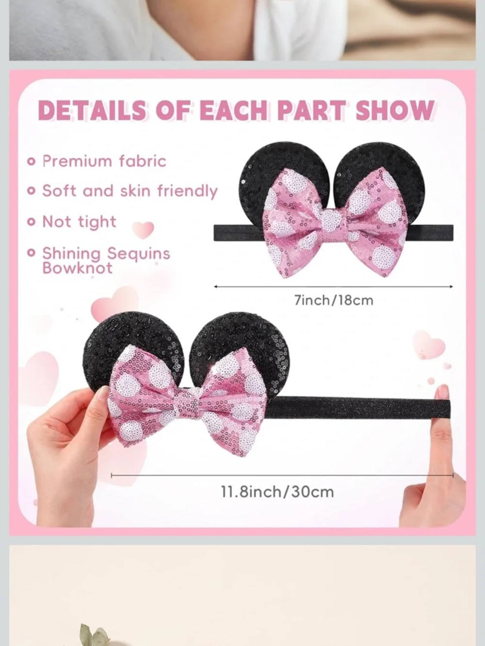 3 PCS Mouse Ears Sequin Bow Nylon Hairband Polka Dot Cute Baby Headbands nwt